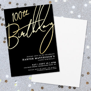 Elegant Schwarz 100. Geburtstag Gold Folieneinladung