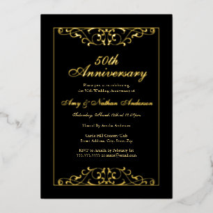 Elegant Schwarz Gold 50. Hochzeitstag Folieneinladung