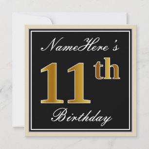 Elegant, schwarz, Imitate Gold 11. Geburtstag + Na Einladung