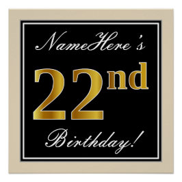 Elegant, schwarz, Imitate Gold 22. Geburtstag + Na Poster