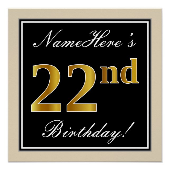 Elegant, schwarz, Imitate Gold 22. Geburtstag + Na Poster (Vorderseite)