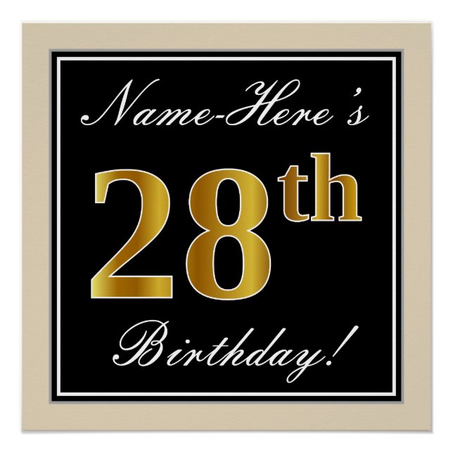 Elegant, schwarz, Imitate Gold 28. Geburtstag + Na Poster (Vorderseite)
