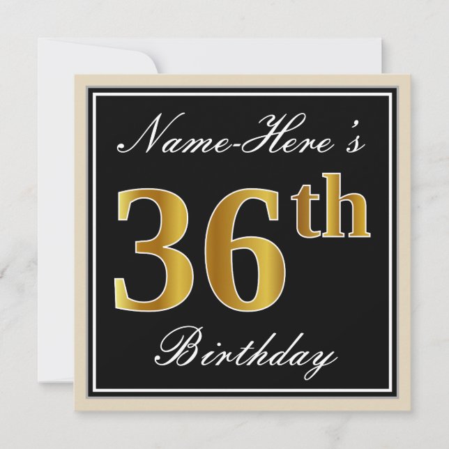 Elegant, Schwarz, Imitate Gold 36. Geburtstag + Na Einladung (Vorderseite)