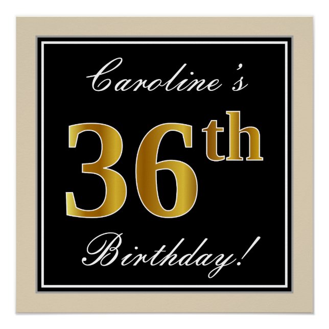 Elegant, schwarz, Imitate Gold 36. Geburtstag + Na Poster (Vorderseite)