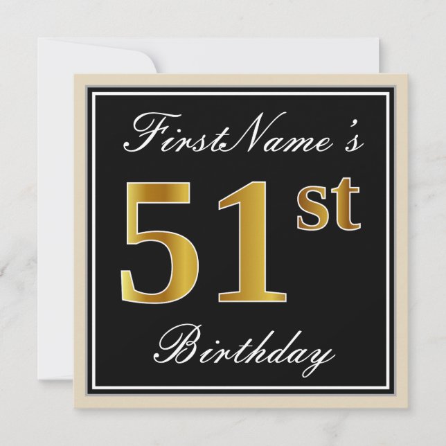 Elegant, schwarz, Imitate Gold 51. Geburtstag + Na Einladung (Vorderseite)