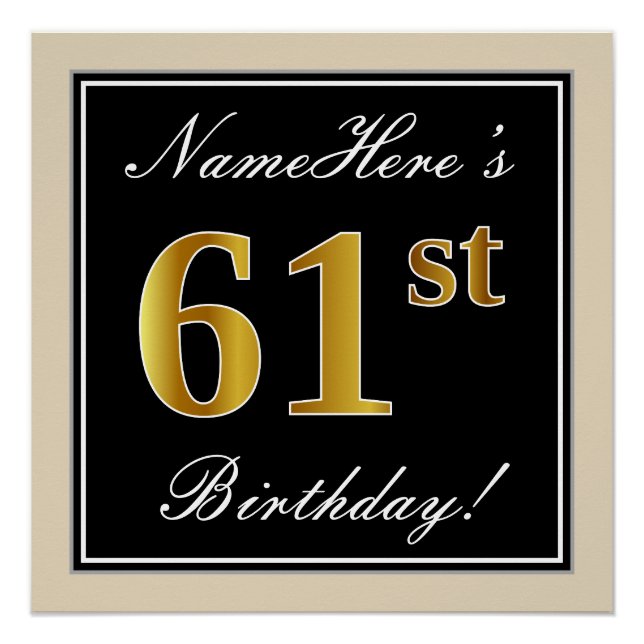 Elegant, schwarz, Imitate Gold 61. Geburtstag + Na Poster (Vorderseite)