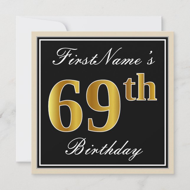 Elegant, schwarz, Imitate Gold 69. Geburtstag + Na Einladung (Vorderseite)