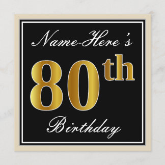 Elegant, schwarz, Imitate Gold 80. Geburtstag + Na Einladung