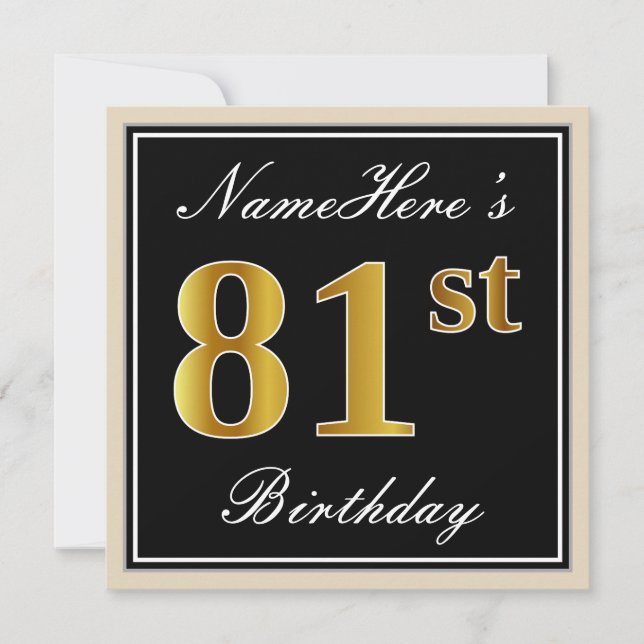 Elegant, schwarz, Imitate Gold 81. Geburtstag + Na Einladung (Vorderseite)