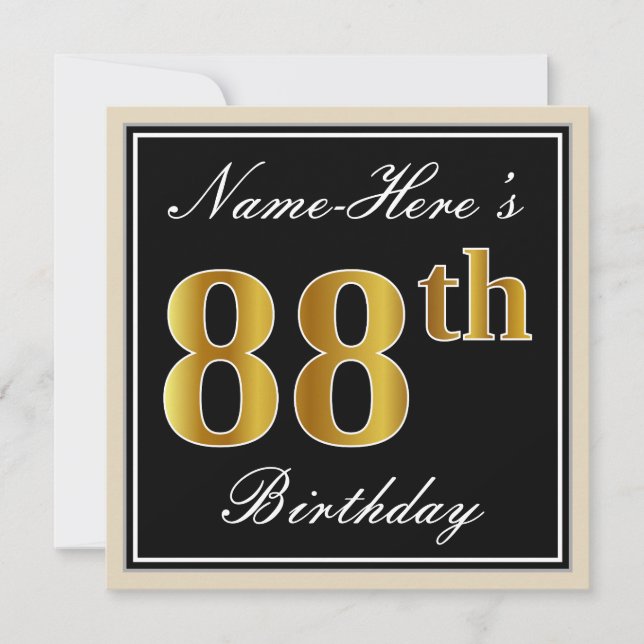 Elegant, schwarz, Imitate Gold 88. Geburtstag + Na Einladung (Vorderseite)