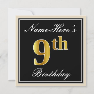 Elegant, schwarz, Imitate Gold 9. Geburtstag + Nam Einladung