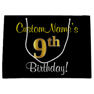 Elegant, schwarz, Imitate Gold 9. Geburtstag + Nam Große Geschenktüte