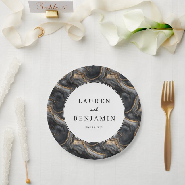 Elegant Schwarz und Gold gemarbert Pappteller (Hochzeit)