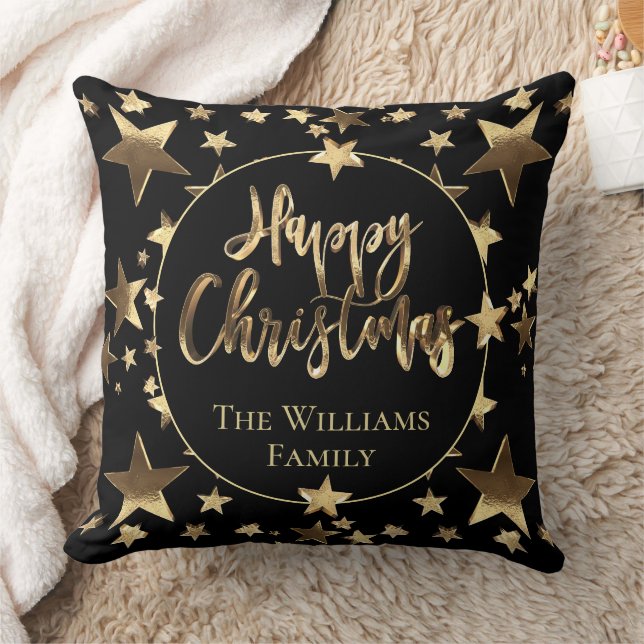 Elegant Schwarz und Gold Script Glücklich Weihnach Kissen (Decke)