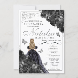 Elegant Schwarz und Silver Floral Quinceanera Invi Einladung