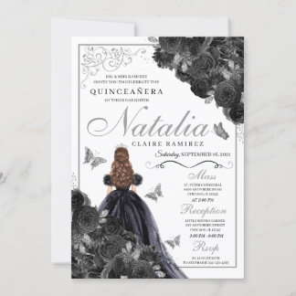 Elegant Schwarz und Silver Floral Quinceanera Invi Einladung