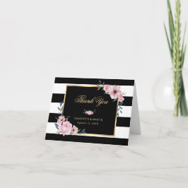 Elegant Schwarz und Weiß Streifen rosa Blüte Dankeskarte