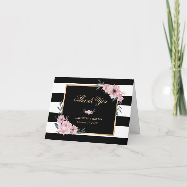 Elegant Schwarz und Weiß Streifen rosa Blüte Dankeskarte (Vorderseite)