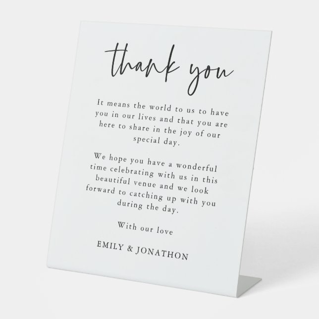 Elegant Schwarz-weiß Dankeschön Letter Wedding Sockelschild (Vorderseite)