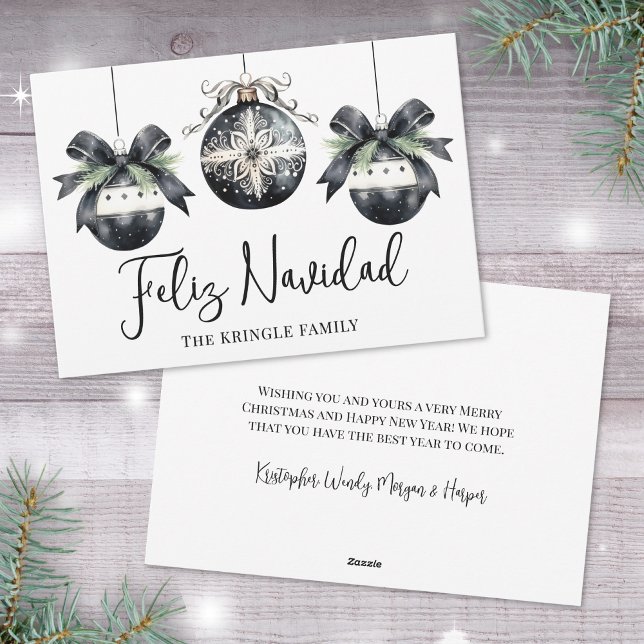 Elegant Schwarz-weiß Feliz Navidad Weihnachten (Elegant Black White Feliz Navidad Christmas Holiday Card)