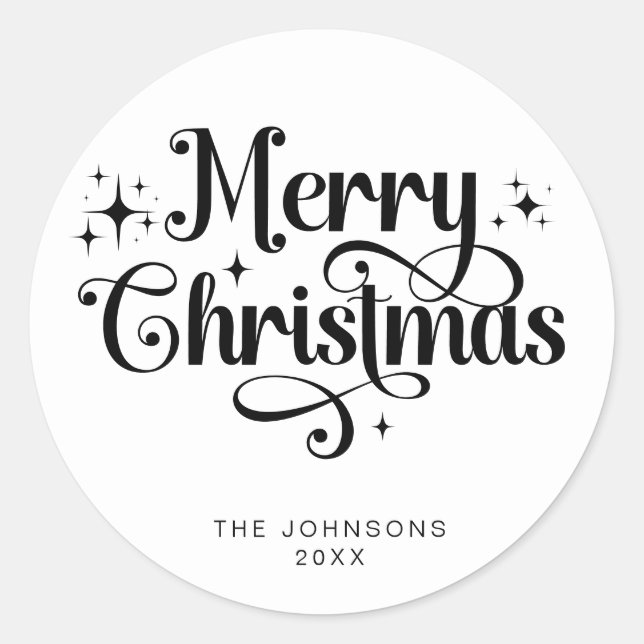 Elegant Schwarz-weiß frohe Weihnachtsschrift Custo Runder Aufkleber (Vorderseite)