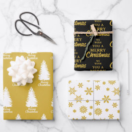 Elegant Schwarz-weiß & gelb Frohe Weihnachten Geschenkpapier Set