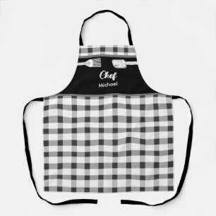 Elegant Schwarz-weiß Gingham   Personalisierter Na Schürze