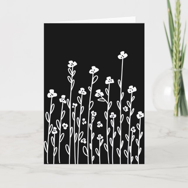 Elegant Schwarz-weiß-minimalistisch doodle floral Karte (Vorderseite)