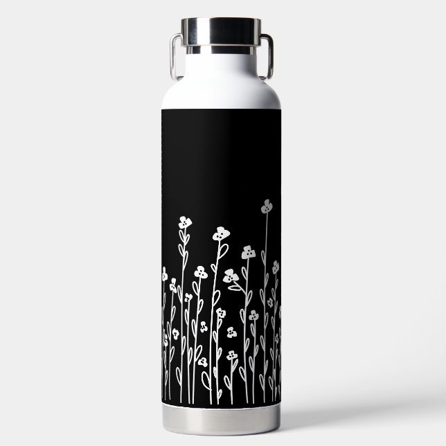 Elegant Schwarz-weiß-minimalistisch doodle floral Trinkflasche (Vorderseite)