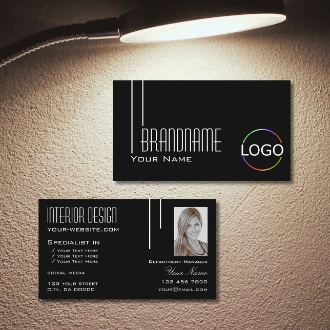 Elegant Schwarz-weiß mit Logos und Foto Beruflich Visitenkarte (Von Creator hochgeladen)