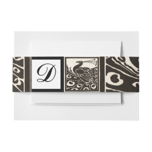 ELEGANT SCHWARZ-WEISS PEACOCK SQUARE MONOGRAMM EINLADUNGSBANDEROLE