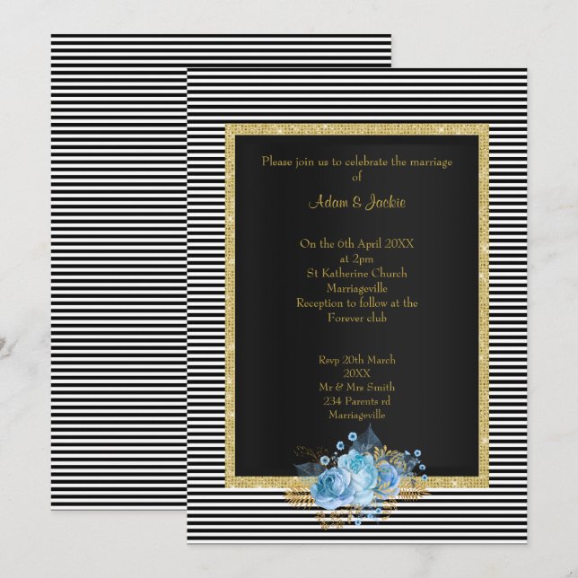 ELEGANT SCHWARZ-WEISS STRIPE BLUE BOUQUET WEDD EINLADUNG (Vorne/Hinten)