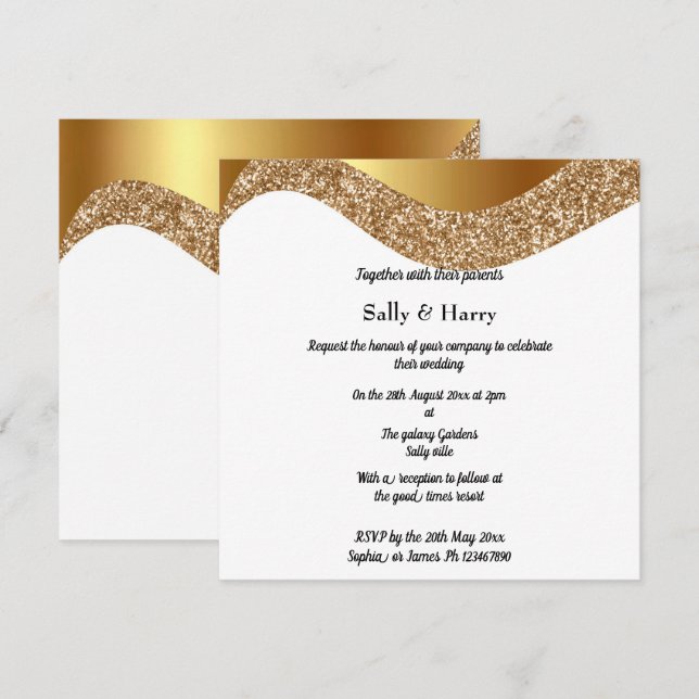 ELEGANT SCHWARZE GOLD GLITZER WAVE EINLADUNG (Vorne/Hinten)