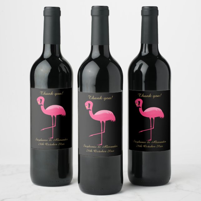 ELEGANT SCHWARZPINK FLAMINGO ZURÜCKZAHLBAR WEINETIKETT (Flaschen)