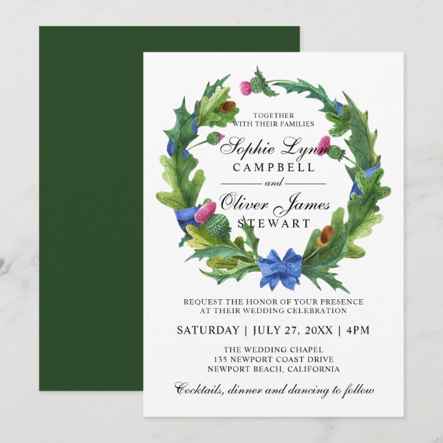 Elegant Scottish Thistle Floral Wedding Einladung (Vorne/Hinten)