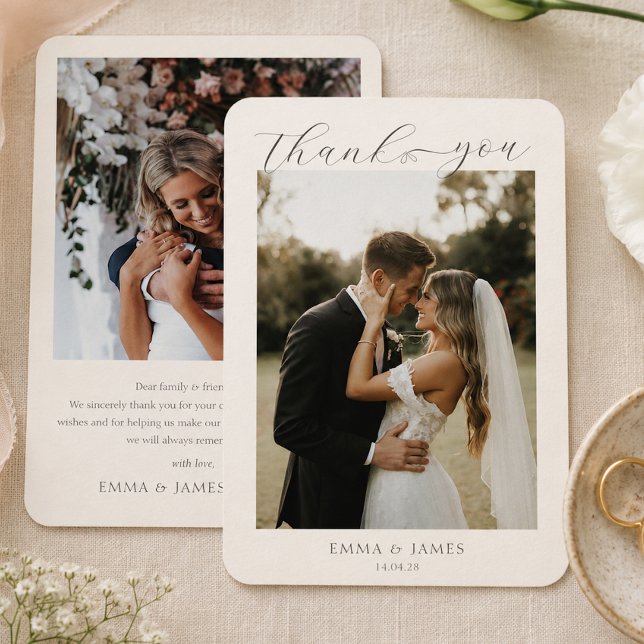 Elegant Script 2 Foto Danke Herz Hochzeit (Elegant Script 2 Photo Thank you Heart Wedding Card)