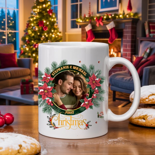 Elegant Script 2 photo Watercolor Christmas Wreath Kaffeetasse (Von Creator hochgeladen)