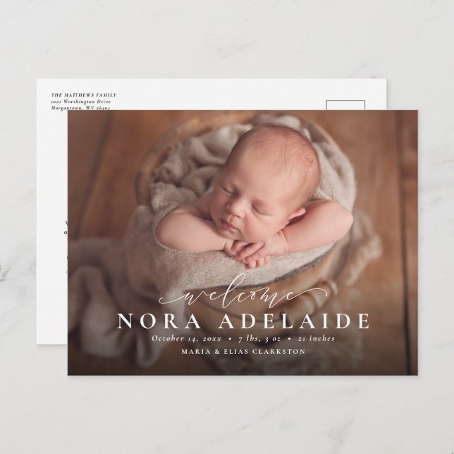 Élégant script accueil simple faire-part de naissa (Devant / Derrière)