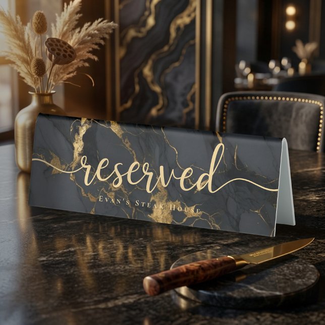 Elegant Script Agate Gold Black Marble Reserved Tischaufsteller (Elegant Script Agate Gold Black Marble Reserved Table Tent)