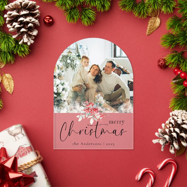 Elegant Script | Arch Family Photo Christmas Card Acryleinladungen (Insitu (Feiertag))