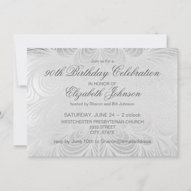 Élégant Script Argent 90e anniversaire Invitation (Devant)