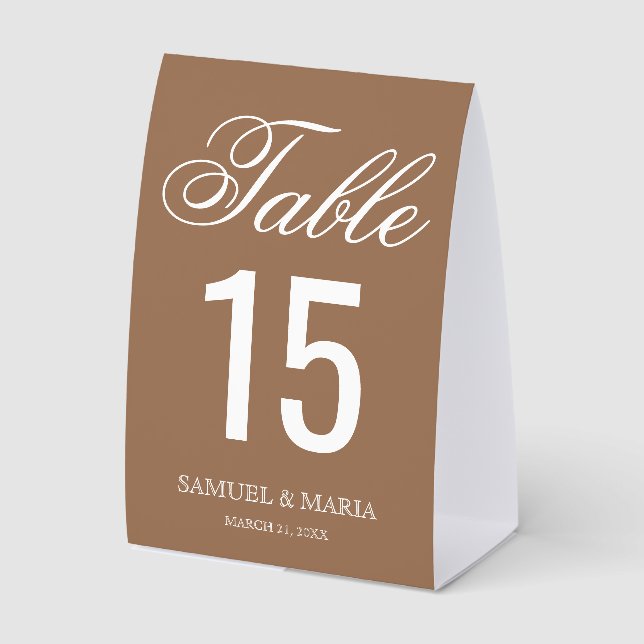 Elegant Script Beige Tan Wedding Table Number Tischaufsteller (Vorderseite)