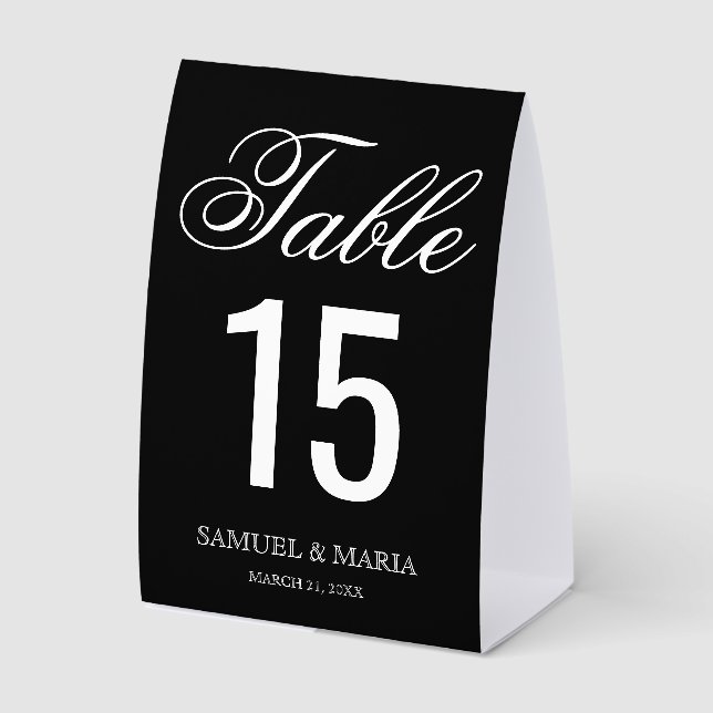 Elegant Script Black Wedding Table Number Tischaufsteller (Vorderseite)