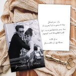 Elegant Script Black White Photo Wedding Thank Dankeskarte<br><div class="desc">Minimalist, Stylish, Elegant Script Black White Photo Wedding Thank You Card. Thank your guests with this elegant minimalist wedding photo thank you card. Featuring a clean layout, refined calligraphy, and a timeless black and white aesthetic, it’s perfect for modern and classic wedding styles alike. At the back side a pretty...</div>