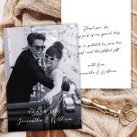 Elegant Script Black White Photo Wedding Thank Dankeskarte<br><div class="desc">Minimalist, Elegant, Stylish Script Black White Photo Wedding Thank You Card. Thank your guests with this elegant minimalist wedding photo thank you card. Featuring a clean layout, refined calligraphy, and a timeless black and white aesthetic, it’s perfect for modern and classic wedding styles alike. At the back side a pretty...</div>