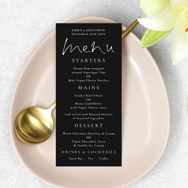 Élégant Script blanc Mariage noir menu (Créateur téléchargé)