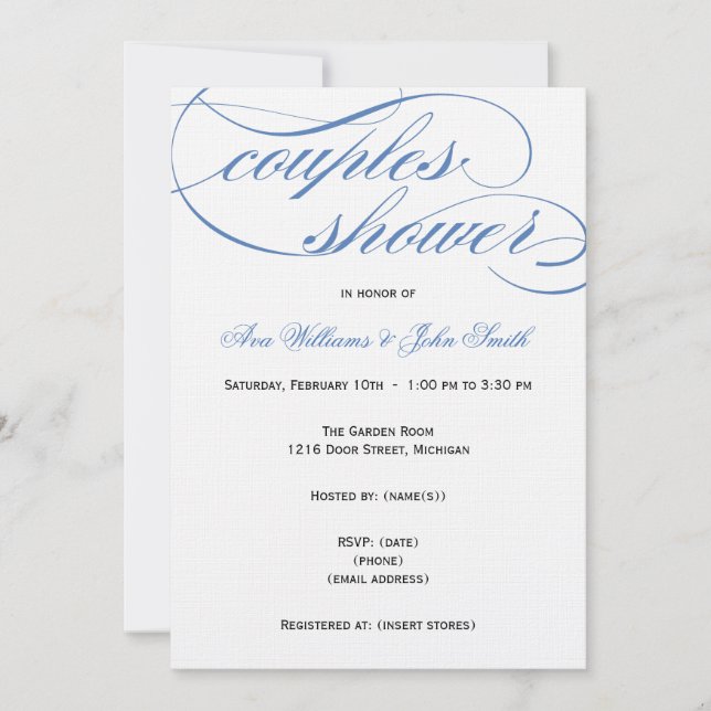 Elégant Script Bleu Couples Invitation Douche (Devant)