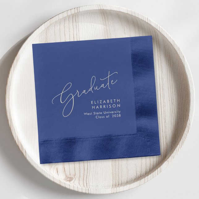 Élégant Script Blue Graduation Party (Elevate your graduation party decor with these classic and elegant blue and silver foil napkins)