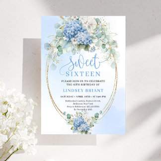 Elegant Script Blue Hydrangea Gold Sweet Sixteen Einladung