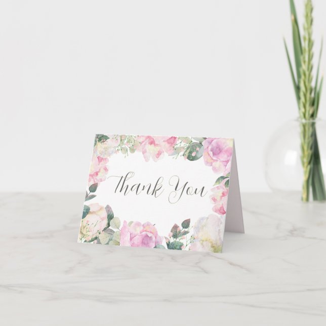 Elegant Script Blush Floral Wedding Thank You Dankeskarte (Vorderseite)
